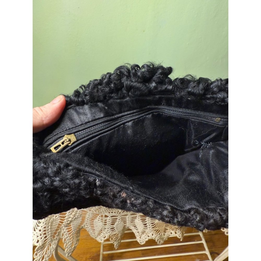 Antique 1920's Curly Black Wool Hand Muff Purse Clutch - Picture 13 of 14